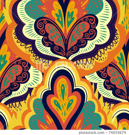 Abstract vintage ornamental psychedelic pattern with plant motifs. Abstract vintage ornamental psychedelic pattern with plant motifs. 74859879