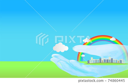 Nature's palm and rainbow, buildings, city, green and blue sky background 74860445