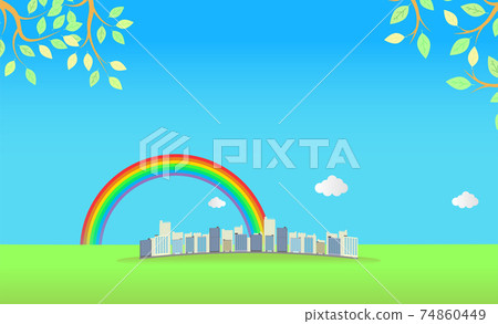 城市和彩虹藍色的天空背景 城市和彩虹藍色的天空背景 74860449