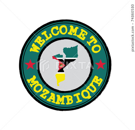 Vector Stamp of welcome to Mozambique with nation flag on map outline in the center. 74860580