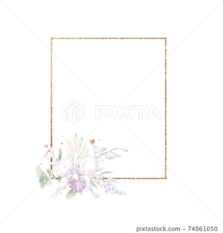 Gold geometric frame with orchids. Watercolor illustration 74861050