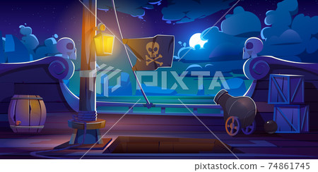 Pirate ship wooden deck onboard night view, vector Pirate ship wooden deck onboard night view, vector 74861745