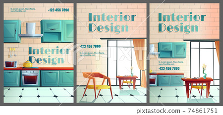 Interior design cartoon banners home, cafe kitchen 74861751