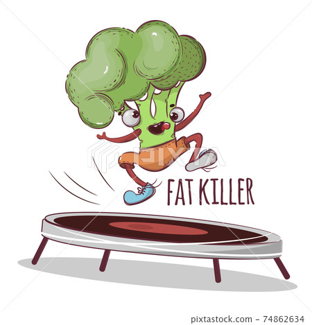 BROCCOLI FAT KILLER Sport Vegetable Cartoon Health Nutrition Nature Hand Drawn Vector Illustration For Print 74862634