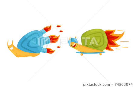 Fast Snail with Spiral Shell Having Rocket Turbine or Speed Booster Vector Set Fast Snail with Spiral Shell Having Rocket Turbine or Speed Booster Vector Set 74863074