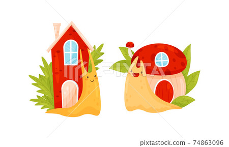 Cute Cartoon Snails Carrying House on Their Backs Vector Set Cute Cartoon Snails Carrying House on Their Backs Vector Set 74863096