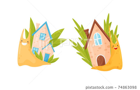 Cute Cartoon Snails Carrying House on Their Backs Vector Set Cute Cartoon Snails Carrying House on Their Backs Vector Set 74863098