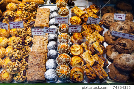 Showcase of Catalan pastry shop Showcase of Catalan pastry shop 74864335