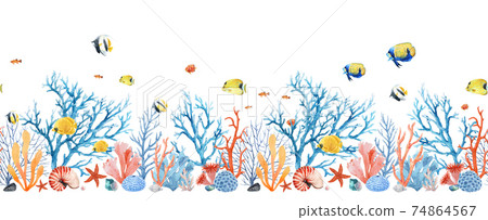 Beautiful seamless horizontal underwater pattern with watercolor sea life colorful corals and fish. Stock illustration. Beautiful seamless horizontal underwater pattern with watercolor sea life colorful corals and fish. Stock illustration. 74864567