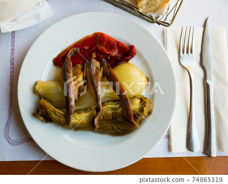 Top view of Catalan escalivada with anchovy fillets Top view of Catalan escalivada with anchovy fillets 74865319