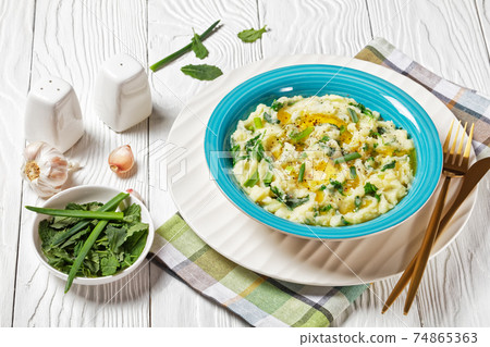 Irish colcannon potato mash with kale, top view Irish colcannon potato mash with kale, top view 74865363