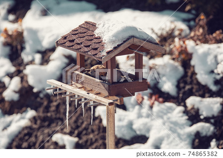 birdhouse in winter garden birdhouse in winter garden 74865382