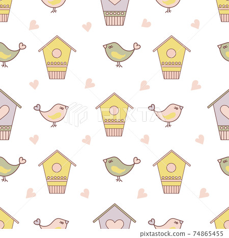BIRD SPRING And Birdhouse In Yellow Color On Light Blue Background Cartoon Seamless Pattern Vector Illustration For Print 74865455