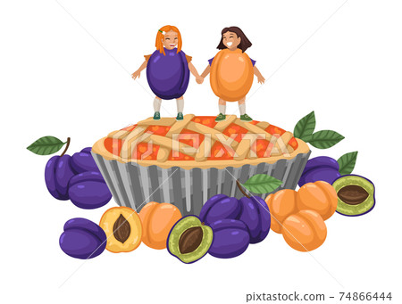 Girls in apricot and plum costumes and a big fruit pie. Childrens cute illustration, food concept, fresh baked goods. Vector flat drawing 74866444
