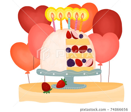Strawberry cake Zuccott cake with balloons and candles on a cake stand 74866656