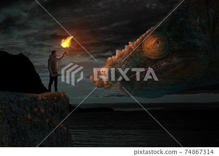 Concept of confidence - Man facing a dragon Concept of confidence - Man facing a dragon 74867314