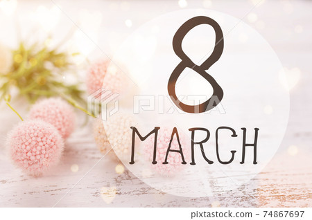 Abstract composition for Women's Day. Pink flower petals flying with hearts symbols. 74867697
