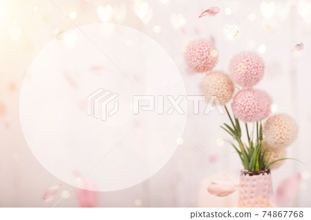 Flowers composition for Valentine's, Mother's or Women's Day. Pink flowers on old white wooden 74867768