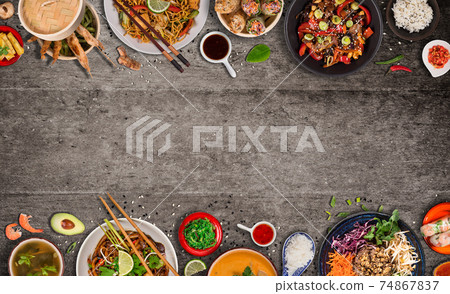 Various of asian meals on rustic background , top view Various of asian meals on rustic background , top view 74867837