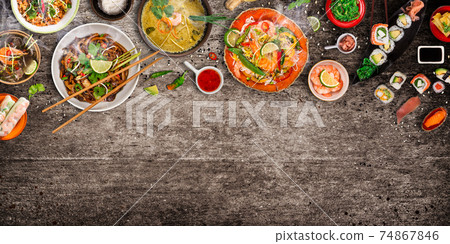Various of asian meals on rustic background , top view Various of asian meals on rustic background , top view 74867846