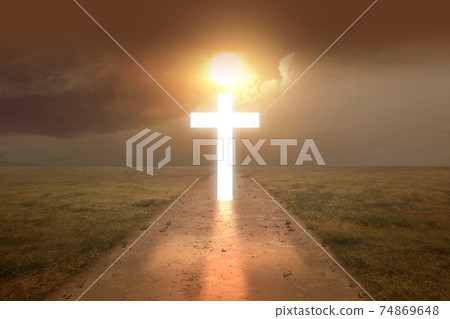 Christian cross on the dirty road 74869648