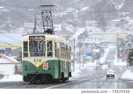 Hakodate Tram No. 812 running in the snow Hakodate Tram No. 812 running in the snow 74870436