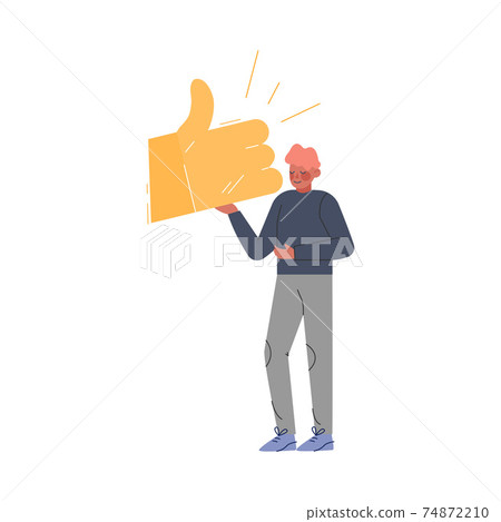 Young Man Holding Thumb Up Sign in his Hands, Male Follower Giving Like Expressing Agreement to Media Blogger or Post, Social Media Networking Concept Vector Illustration 74872210