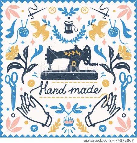 Handmade symmetric vector composition - vintage elements in stamp style and sewing machine with hand made lettering. Vintage vector illustration for banners and cards. 74872867