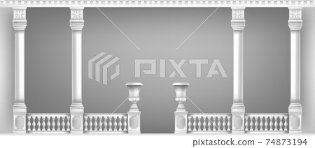 Classic marble pillars, vases, vector terrace white balcony, palace balustrade background, handrails 74873194