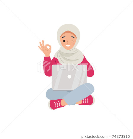 Hijab woman showing ok gesture with her hand while working on laptop. Assurance and success. Flat vector design Hijab woman showing ok gesture with her hand while working on laptop. Assurance and success. Flat vector design 74873510