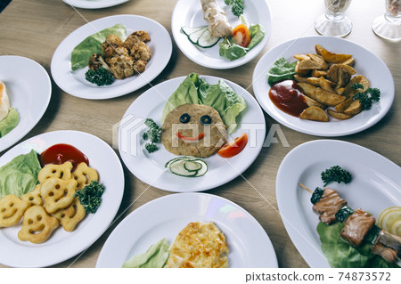 baby food. funny cutlet with vegetables and potato snacks baby food. funny cutlet with vegetables and potato snacks 74873572