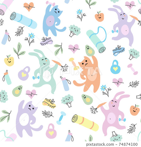 Seamless pattern with cartoon cat and bunny - Stock Illustration ...
