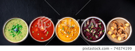 Vegan soup panoramic header with copyspace. Vegetable cream soups 74874199
