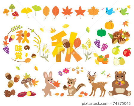A set of autumn taste, fallen leaves and forest animals 74875045