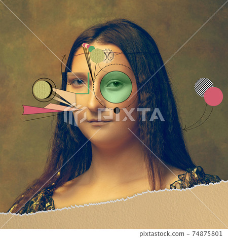 Art collage. Young woman as Mona Lisa replica isolated on dark background. Art collage. Young woman as Mona Lisa replica isolated on dark background. 74875801