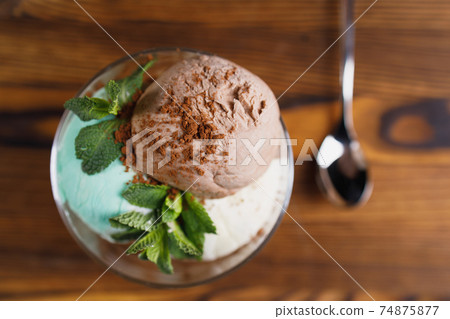 Chocolate, mint and vanilla ice-cream set in bowl Chocolate, mint and vanilla ice-cream set in bowl 74875877