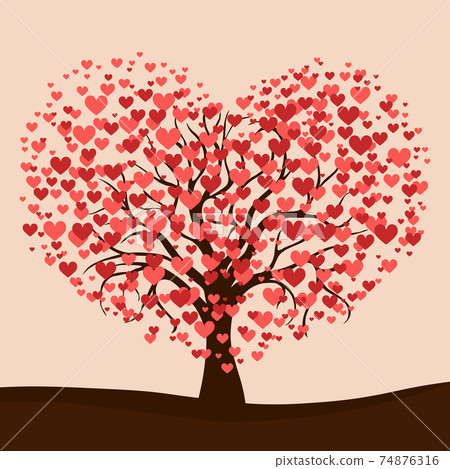 Realistic tree blooming with red hearts - Vector Realistic tree blooming with red hearts - Vector 74876316