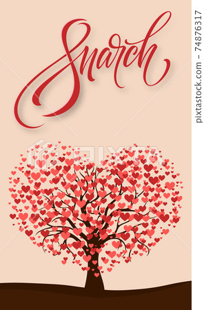 Realistic tree blooming with red hearts, congratulations on March 8 - Vector Realistic tree blooming with red hearts, congratulations on March 8 - Vector 74876317