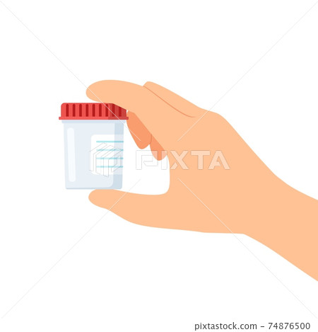 Hand holding empty urine plastic container Hand holding empty urine plastic container 74876500
