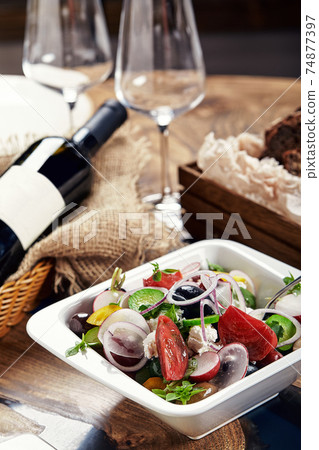 Beautifully decorated catering banquet table with different food snacks and appetizers 74877397