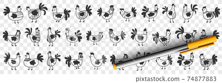 Hens and roosters doodle set 74877883