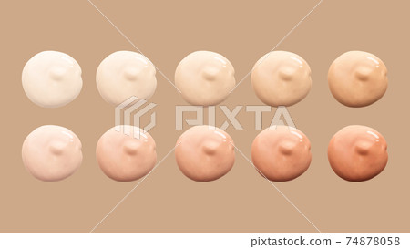 Liquid foundation drop samples isolated on beige background. Set of different skin tone concealer cream swatches for makeup. Beauty and cosmetics concept. 74878058