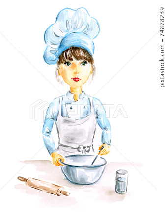 Smiling and happy female chef. Woman is cooking. Hand painted watercolor illustration. 74878239