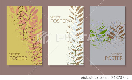 Natural background with colored leaves in pastel colors. Set of textured dotted posters with place for text. Modern flat design for packaging, advertising, social networks. Vector Natural background with colored leaves in pastel colors. Set of textured dotted posters with place for text. Modern flat design for packaging, advertising, social networks. Vector 74878732