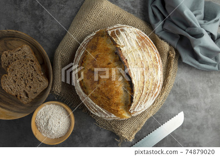Sourdough rustic bread. Traditional homemade bread, top view 74879020