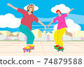 Two people play surf skate on the street in the city with blue sky background, flat art illustraion. 74879588