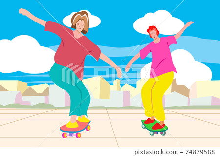 Two people play surf skate on the street in the city with blue sky background, flat art illustraion. 74879588