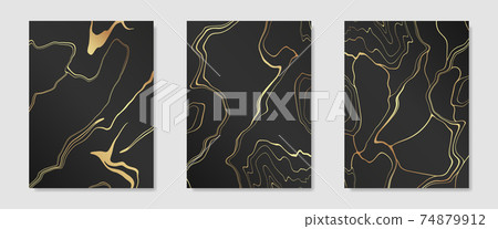 Collection of gold kintsugi on dark backdrop cover design templates. Golden crackle texture background. Luxury broken marble stone pattern for wedding invitation, card, flyer or social media Collection of gold kintsugi on dark backdrop cover design templates. Golden crackle texture background. Luxury broken marble stone pattern for wedding invitation, card, flyer or social media 74879912