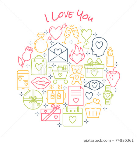 Valentine day round concept with love icons in line style Valentine day round concept with love icons in line style 74880361