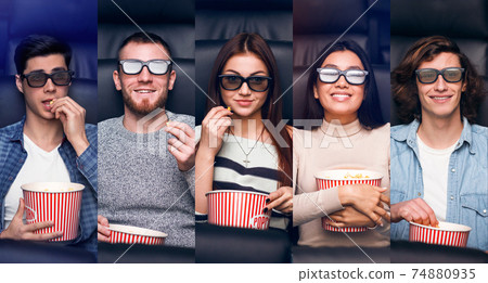 Portraits Collage Of Young People Watching Movies In Cinema, Panorama Portraits Collage Of Young People Watching Movies In Cinema, Panorama 74880935
